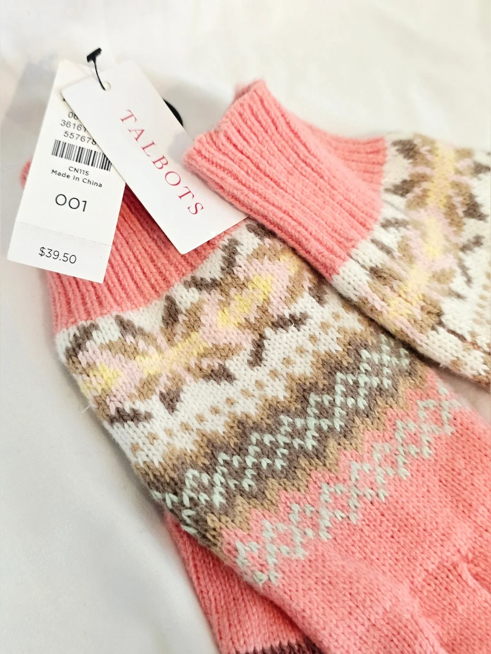 Talbots Fair Isle Knit Gloves Pink NWT Touchscreen Winter